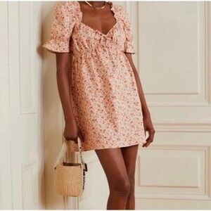 Reformation Channa Size Small Ruffled Linen Floral Print Pink Mini Dress